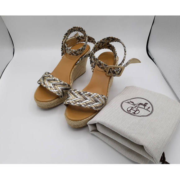 Hermes Shoes - *SOLD*HERMES SOFIA METALLIC BRAIDED STRAP WEDGES